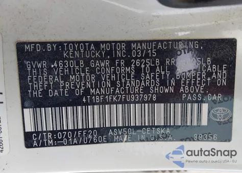 2015 Toyota Camry Se from USA, damaged, VIN 4T1BF1FK7FU937978